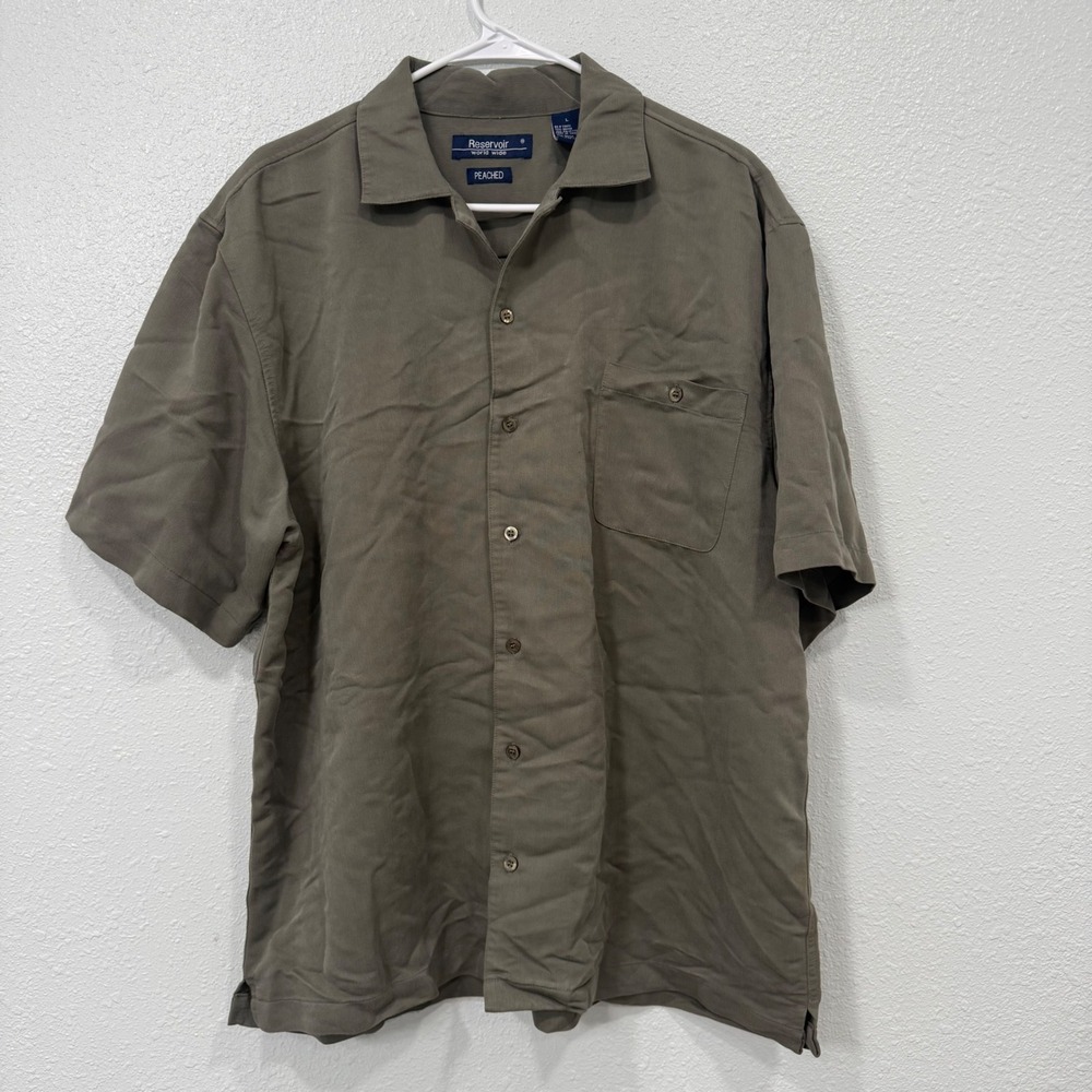 Reservoir World Wide Peached Rayon Blend Button Down Shirt Mens Large Olive Drab